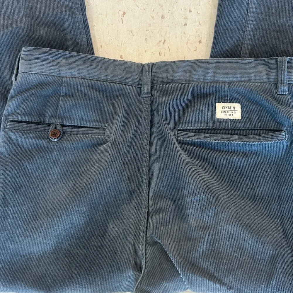 Katin Men’s Blue Corduroy Pants Wide Wale Button Fly Size 36 Waist Flat Front